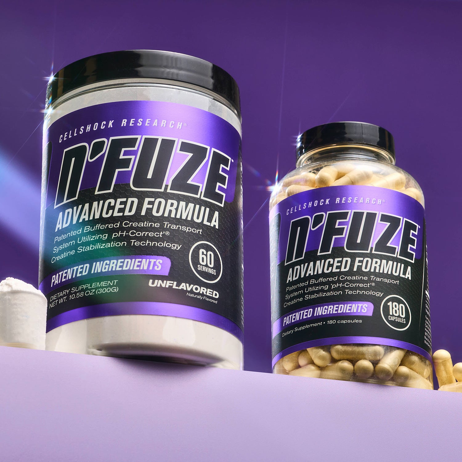Two containers of CellShock Research N'Fuze Advanced Formula on a purple background